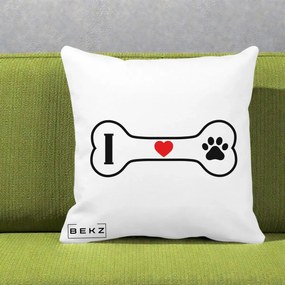 Perna Personalizata I Love Dog Os si Labuta, 40x40 cm, Alba Mata, Husa Detasabila, Perna Inclusa, BEKZ®