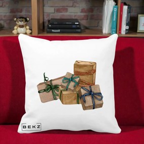 Perna Decorativa Cadouri de Craciun Kraft, 40x40 cm, Alba Mata, Husa Detasabila, Perna Inclusa, BEKZ®