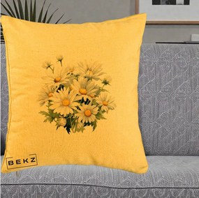 Perna Decorativa Buchet Margarete Albe Acuarela, 40x40 cm, Galben, Husa Detasabila, Perna Inclusa, BEKZ®