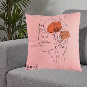 Perna Decorativa Portret Feminin Mac Profilat, 40x40 cm, Roz, Husa Detasabila, Perna Inclusa, BEKZ®