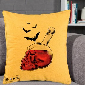 Perna Decorativa Halloween Craniu-Sticla cu Lilieci, 40x40 cm, Galben, Husa Detasabila, Perna Inclusa, BEKZ®