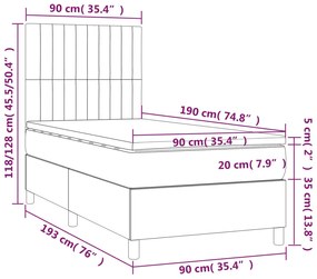 Pat box spring cu saltea, gri deschis, 90x190 cm, catifea Gri deschis, 90 x 190 cm, Benzi verticale