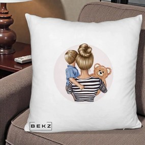 Cadou pentru Mama - Perna Personalizata Mama si Baietelul cu Ursulet, 40x40 cm, Alb Pufos, Husa Detasabila, Perna Inclusa, BEKZ®