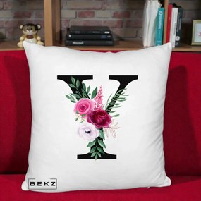 Cadou Personalizat - Perna Personalizata Monograma Florala Litera Y cu Buchet, 40x40 cm, Alb Pufos, Husa Detasabila, Perna Inclusa, BEKZ®