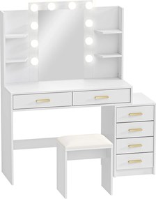 HOMCOM Masă de machiaj cu oglindă iluminată și taburet tapițat, set de machiaj cu 6 sertare și rafturi, Alb | Aosom Romania