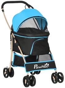PawHut Cărucior pentru Câini Pliabil și Convertibil în Geantă de Transport cu 2 Lese și Pernă, 82x49.5x98 cm, Albastru | Aosom Romania