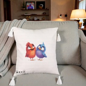 Perna Decorativa Pasarele Vesele Duo, 40x40 cm, Bej cu Franjuri, Husa Detasabila, Perna Inclusa, BEKZ®