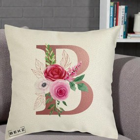 Cadou Personalizat - Perna Personalizata Monograma Rose Gold Litera B, 40x40 cm, Ecru, Husa Detasabila, Perna Inclusa, BEKZ®