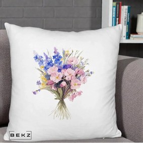 Perna Decorativa Buchet Floral Acuarela Primavara, 40x40 cm, Alb Pufos, Husa Detasabila, Perna Inclusa, BEKZ®