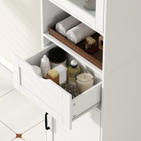 HOMCOM Mobilier de Baie Slim cu Dulapuri și Ușă din Sticlă, Mobilier Economizitor de Spațiu cu Raft Deschis, Sertar și Rafturi Ajustabile, Coloană Modernă, 40x30x165 cm, Alb | Aosom Romania