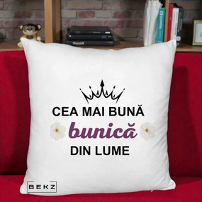 Cadou pentru Bunica - Perna Personalizata Cea Mai Buna Bunica Din Lume Coroana Mov Flori, 40x40 cm, Alb Pufos, Husa Detasabila, Perna Inclusa, BEKZ®