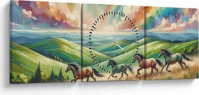 Tablou – Cai galopând prin peisaj (cu ceas) (90x30 cm)