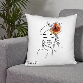 Perna Decorativa Portret Feminin Flori Palarie, 40x40 cm, Alb Pufos, Husa Detasabila, Perna Inclusa, BEKZ®