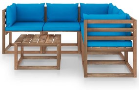 Set mobilier de gradina cu perne bleu, 6 piese, lemn pin tratat