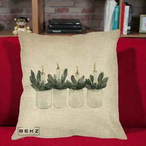 Perna Decorativa Lumanari in Borcane cu Eucalipt, 40x40 cm, Crem, Husa Detasabila, Perna Inclusa, BEKZ®