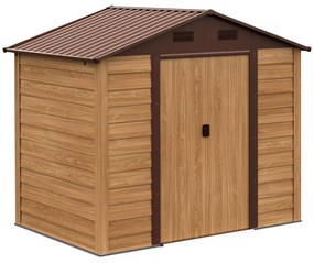 Outsunny Magazie de gradina cu usi glisante, magazie pentru scule cu structura din otel si baza si pereti cu efect de lemn, 152x235,7x208,7cm