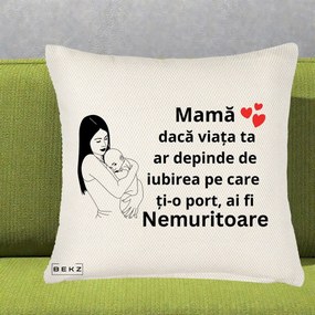 Cadou pentru Mama - Perna Personalizata Mama Nemuritoare Linie, 40x40 cm, Crem Reliefat, Husa Detasabila, Perna Inclusa, BEKZ®