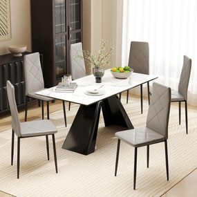 HOMCOM Set de 6 Scaune de Sufragerie, cu Spătar Înalt cu Cusături Tip Romb din Piele Ecologică și Oțel, 41x50x97 cm, Gri | Aosom Romania