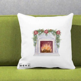 Perna Decorativa Semineu de Craciun Watercolor, 40x40 cm, Alba Mata, Husa Detasabila, Perna Inclusa, BEKZ®