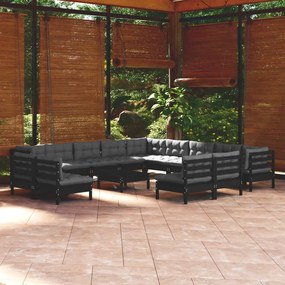 3096897 vidaXL Set mobilier grădină cu perne, 14 piese, negru, lemn masiv pin