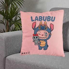 Perna Personalizata Labubu x Stitch cu Flori, 40x40 cm, Roz, Husa Detasabila, Perna Inclusa, BEKZ®