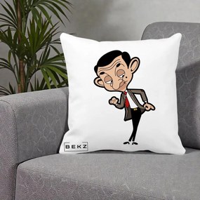 Perna Personalizata Mr. Bean Caricatura, 40x40 cm, Alba Mata, Husa Detasabila, Perna Inclusa, BEKZ®