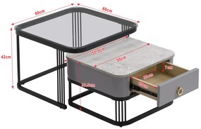 Set de 2 Măsuțe de Cafea Suprapozabile cu Blat din Marmură Lucioasă și Sticlă, Structură din Metal și Sertare, 60x60x42 cm + 50x50x34 cm, Negru