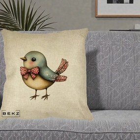 Perna Decorativa Pasare Bleu cu Fundita Rosie, 40x40 cm, Crem, Husa Detasabila, Perna Inclusa, BEKZ®