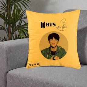 Perna Personalizata K-pop BTS Jimin Portret Cerc Autograf Geaca, 40x40 cm, Galben, Husa Detasabila, Perna Inclusa, BEKZ®