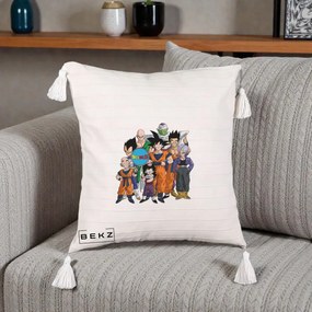 Perna Personalizata Dragon Ball Z Grup Complet, 40x40 cm, Bej cu Franjuri, Husa Detasabila, Perna Inclusa, BEKZ®