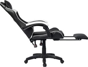 Scaun gaming, masaj în perna lombară, suport picioare, PU, Negru/Alb