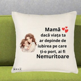 Cadou pentru Mama - Perna Personalizata Mama Nemuritoare cu Balon Inima, 40x40 cm, Crem Reliefat, Husa Detasabila, Perna Inclusa, BEKZ®
