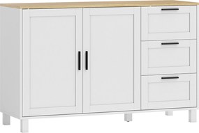 HOMCOM Bufet living, mobilier de depozitare, uși duble cu închidere amortizată, 3 sertare și raft reglabil, 120x38x76cm, alb | Aosom Romania