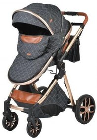 Carucior nou nascuti 2 in 1 NOVOKIDS™ Alma Gold PRO , Cu geanta bebe, Cadru Aluminiu , Amortizoare, Roti din cauciuc plin AVE, Landou, Modul sport,
