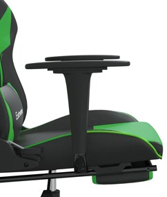 Scaun gaming de masaj suport picioare, negru verde, piele eco