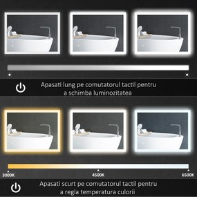 Kleankin Oglindă de Baie cu Iluminare LED 800x600mm, Tactilă, Anti-Ceță, Montare Orizontală/Verticală | Aosom Romania