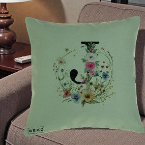Cadou Personalizat - Perna Personalizata Monogram Litera J cu Flori Acuarela, 40x40 cm, Verde, Husa Detasabila, Perna Inclusa, BEKZ®