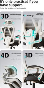 Scaun ergonomic cu suport lombar 4D, tetieră reglabilă 4D, pivotant 360°, suport pentru picioare, Mesh, Negru