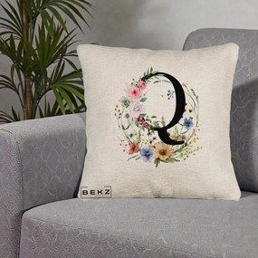 Cadou Personalizat - Perna Personalizata Monogram Litera Q cu Flori Acuarela, 40x40 cm, Bej Canapea, Husa Detasabila, Perna Inclusa, BEKZ®