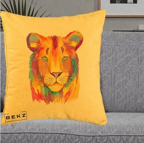 Perna Decorativa Leu Acuarela Curcubeu, 40x40 cm, Galben, Husa Detasabila, Perna Inclusa, BEKZ®