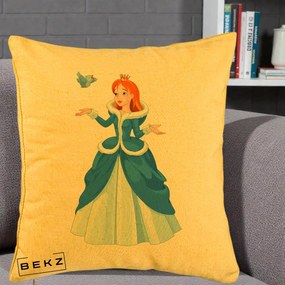 Perna Personalizata Printesa Albastra cu Pasare, 40x40 cm, Galben, Husa Detasabila, Perna Inclusa, BEKZ®
