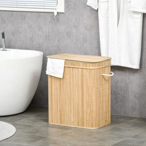 HOMCOM Coș Pliabil pentru Rufe cu 2 Compartimente, Capac Detașabil și Mânere, 54,2x35,2x59,5 cm, Natural | Aosom Romania