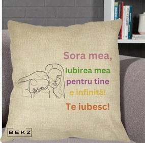 Cadou pentru Sora - Perna Personalizata Sora Mea Te Iubesc Line Art Fete Colorate Brate Ridicate, 40x40 cm, Crem, Husa Detasabila, Perna Inclusa, BEKZ®
