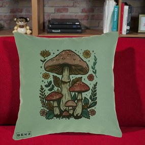 Perna Decorativa Ciuperci Vintage Floral, 40x40 cm, Verde, Husa Detasabila, Perna Inclusa, BEKZ®
