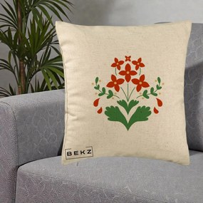 Perna Decorativa Buchet Floral Folk Rosu-Verde, 40x40 cm, Bej, Husa Detasabila, Perna Inclusa, BEKZ®
