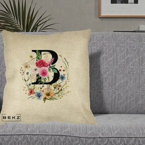 Cadou Personalizat - Perna Personalizata Monogram Litera B cu Flori Acuarela, 40x40 cm, Crem, Husa Detasabila, Perna Inclusa, BEKZ®