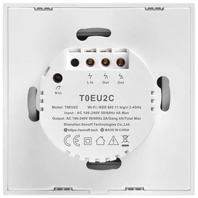 Intrerupator dublu smart, sticla securizata alba, montaj in doza, compatibil Alexa si Google Assistant, Sonoff