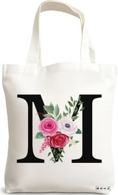 Sacosa de Panza pentru Cumparaturi, Geanta Tote, Cu litera M si Trandafiri, 38x34.5 cm, Alba, BEKZ®