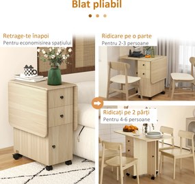 HOMCOM Masă de Bucătărie Pliabilă, Masă Rabatabilă cu Roți și Frâne pentru 6 Persoane, Birou Pliabil cu 2 Sertare și Dulap, pentru Living, 120x60x76.5 cm, Lemn Natural | Aosom Romania