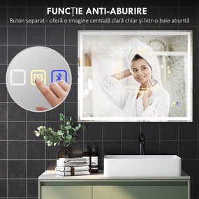 HOMCOM Oglindă Baie Bluetooth LED Antiabur Tactil | Aosom Romania